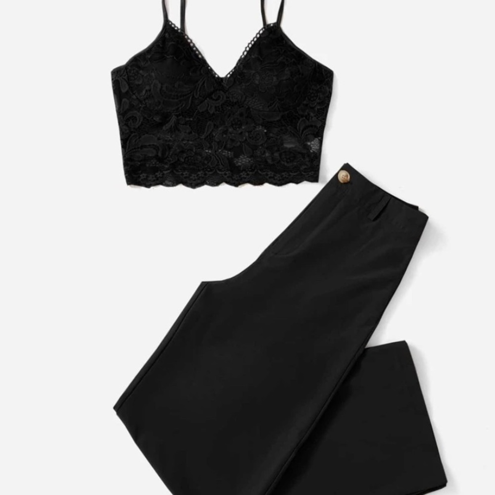 Black two piece outfit. Lace top.